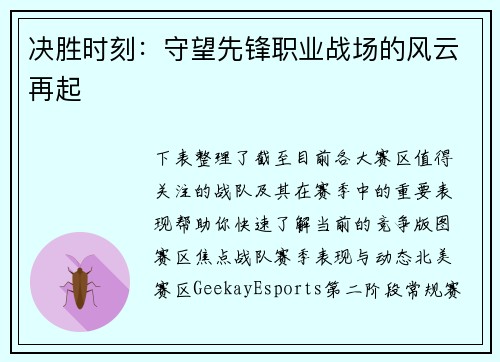 决胜时刻：守望先锋职业战场的风云再起