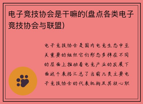 电子竞技协会是干嘛的(盘点各类电子竞技协会与联盟)